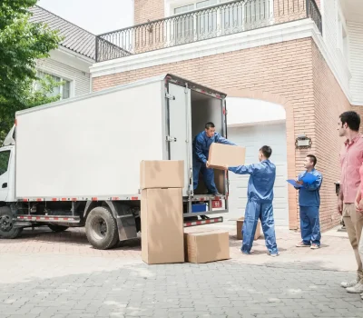 men passing packed boxes