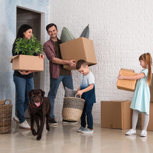 family holding boxes